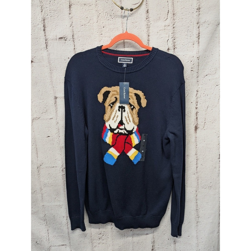 Club‎ Room Navy Blue Bulldog Dog Crew Sweater Mens M Cotton New